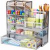 imageMarbrasse Mesh Pen Holder for Desk MultiFunctional Pencil Organizer with Drawer Desk Organizers and Accessories for Office Art Supplies BlackSilver