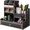imageMarbrasse Upgraded Wooden Pencil Holder Pen Organizer for Desk Easy Assembly Art Supply Organizer Desktop Stationary Organizer CherryBlack