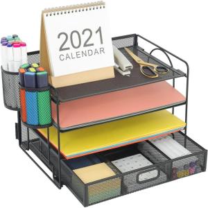 imageMarbrasse 4Trays Desk File Organizer with 2 Pen Holder Desktop Hanging File Holder with Drawer Paper Letter Tray Organizer Rose GoldBlack