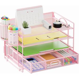 imageMarbrasse 4Trays Desk File Organizer with 2 Pen Holder Desktop Hanging File Holder with Drawer Paper Letter Tray Organizer Rose GoldPink