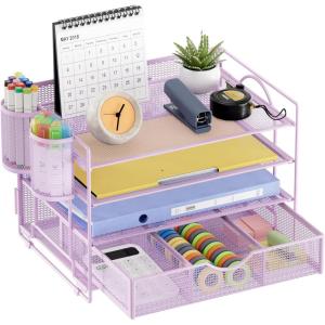 imageMarbrasse 4Trays Desk File Organizer with 2 Pen Holder Desktop Hanging File Holder with Drawer Paper Letter Tray Organizer Rose GoldPurple