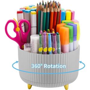 imageMarbrasse Desk Organizer 360Degree Rotating Pen Holder for Desk Desk Organizers and Accessories with 5 Compartments Pencil Organizer Art Supply Storage Box Caddy for Office Home WhiteGrey