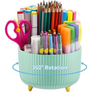 imageMarbrasse Desk Organizer 360Degree Rotating Pen Holder for Desk Desk Organizers and Accessories with 5 Compartments Pencil Organizer Art Supply Storage Box Caddy for Office Home WhiteMint Green