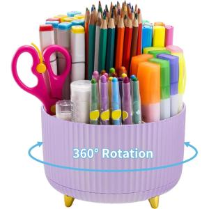 imageMarbrasse Desk Organizer 360Degree Rotating Pen Holder for Desk Desk Organizers and Accessories with 5 Compartments Pencil Organizer Art Supply Storage Box Caddy for Office Home WhitePurple