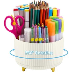 imageMarbrasse Desk Organizer 360Degree Rotating Pen Holder for Desk Desk Organizers and Accessories with 5 Compartments Pencil Organizer Art Supply Storage Box Caddy for Office Home WhiteIvory