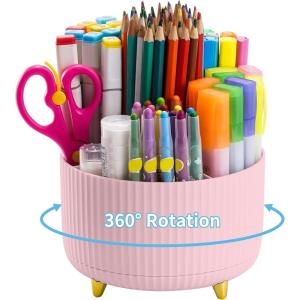 imageMarbrasse Desk Organizer 360Degree Rotating Pen Holder for Desk Desk Organizers and Accessories with 5 Compartments Pencil Organizer Art Supply Storage Box Caddy for Office Home WhitePink