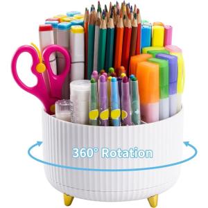 imageMarbrasse Desk Organizer 360Degree Rotating Pen Holder for Desk Desk Organizers and Accessories with 5 Compartments Pencil Organizer Art Supply Storage Box Caddy for Office Home WhiteWhite