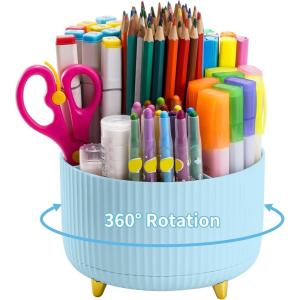 imageMarbrasse Desk Organizer 360Degree Rotating Pen Holder for Desk Desk Organizers and Accessories with 5 Compartments Pencil Organizer Art Supply Storage Box Caddy for Office Home WhiteLight Blue
