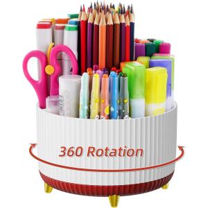 imageMarbrasse Desk Organizer 360Degree Rotating Pen Holder for Desk Desk Organizers and Accessories with 5 Compartments Pencil Organizer Art Supply Storage Box Caddy for Office Home WhiteWhiteRed