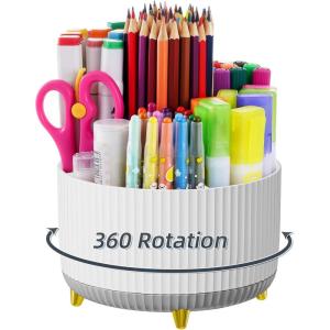 imageMarbrasse Desk Organizer 360Degree Rotating Pen Holder for Desk Desk Organizers and Accessories with 5 Compartments Pencil Organizer Art Supply Storage Box Caddy for Office Home WhiteWhiteGrey