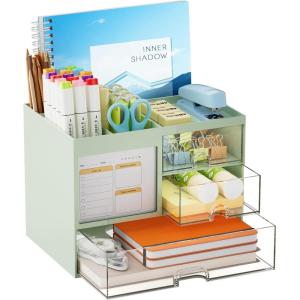 imageMarbrasse Desk Organizer with 3 Drawer MultiFunctional Pencil Pen Holder for Desk Desk Organizers and Accessories with 4 Compartments Desktop Organizer Storage for Office Home Art Supplies WhiteGreen