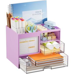imageMarbrasse Desk Organizer with 3 Drawer MultiFunctional Pencil Pen Holder for Desk Desk Organizers and Accessories with 4 Compartments Desktop Organizer Storage for Office Home Art Supplies WhitePurple