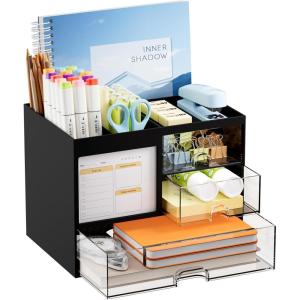 imageMarbrasse Desk Organizer with 3 Drawer MultiFunctional Pencil Pen Holder for Desk Desk Organizers and Accessories with 4 Compartments Desktop Organizer Storage for Office Home Art Supplies WhiteBlack