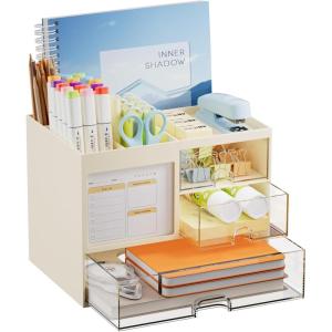 imageMarbrasse Desk Organizer with 3 Drawer MultiFunctional Pencil Pen Holder for Desk Desk Organizers and Accessories with 4 Compartments Desktop Organizer Storage for Office Home Art Supplies WhiteBeige