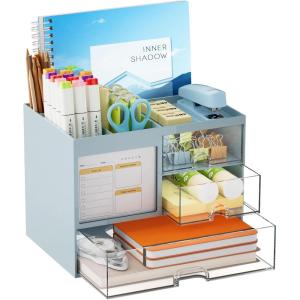 imageMarbrasse Desk Organizer with 3 Drawer MultiFunctional Pencil Pen Holder for Desk Desk Organizers and Accessories with 4 Compartments Desktop Organizer Storage for Office Home Art Supplies WhiteBlue