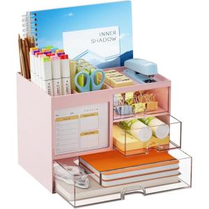 imageMarbrasse Desk Organizer with 3 Drawer MultiFunctional Pencil Pen Holder for Desk Desk Organizers and Accessories with 4 Compartments Desktop Organizer Storage for Office Home Art Supplies WhitePink