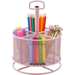 imageMarbrasse Mesh Desk Organizer 360Degree Rotating MultiFunctional Pen Holder 4 Compartments Desktop Stationary Organizer Home Office Art Supply Storage Box Caddy BlackPink