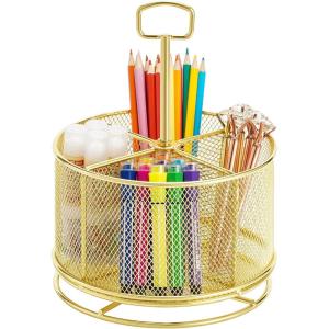 imageMarbrasse Mesh Desk Organizer 360Degree Rotating MultiFunctional Pen Holder 4 Compartments Desktop Stationary Organizer Home Office Art Supply Storage Box Caddy BlackGold