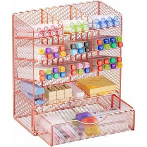 imageMarbrasse Mesh Desk Organizer MultiFunctional Pen Holder Desktop Stationary Organizer Storage Rack for School Home Office Art Supplies Mesh Pen HolderRose Gold Pen Holder with Drawer