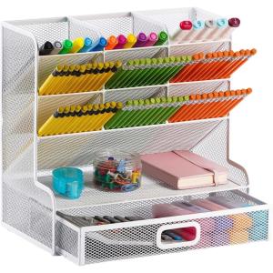 imageMarbrasse Mesh Desk Organizer MultiFunctional Pen Holder Desktop Stationary Organizer Storage Rack for School Home Office Art Supplies Mesh Pen HolderWhite Pen Holder with Drawer