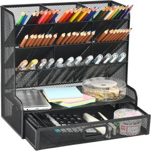 imageMarbrasse Mesh Desk Organizer MultiFunctional Pen Holder Desktop Stationary Organizer Storage Rack for School Home Office Art Supplies Mesh Pen HolderBalck Mesh Pen Holder with Drawer
