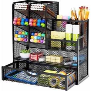 imageMarbrasse Mesh Pen Holder for Desk MultiFunctional Pencil Organizer with Drawer Desk Organizers and Accessories for Office Art Supplies BlackBlack