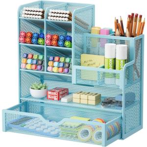 imageMarbrasse Mesh Pen Holder for Desk MultiFunctional Pencil Organizer with Drawer Desk Organizers and Accessories for Office Art Supplies BlackBlue