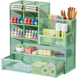 imageMarbrasse Mesh Pen Holder for Desk MultiFunctional Pencil Organizer with Drawer Desk Organizers and Accessories for Office Art Supplies BlackGreen