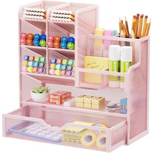 imageMarbrasse Mesh Pen Holder for Desk MultiFunctional Pencil Organizer with Drawer Desk Organizers and Accessories for Office Art Supplies BlackPink