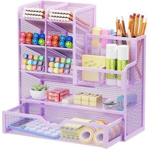 imageMarbrasse Mesh Pen Holder for Desk MultiFunctional Pencil Organizer with Drawer Desk Organizers and Accessories for Office Art Supplies BlackPurple