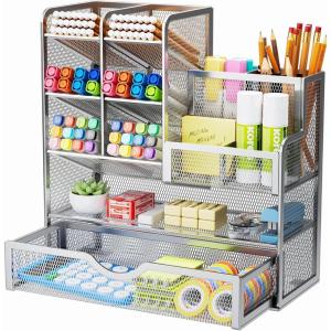 imageMarbrasse Mesh Pen Holder for Desk MultiFunctional Pencil Organizer with Drawer Desk Organizers and Accessories for Office Art Supplies BlackSilver