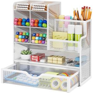 imageMarbrasse Mesh Pen Holder for Desk MultiFunctional Pencil Organizer with Drawer Desk Organizers and Accessories for Office Art Supplies BlackWhite