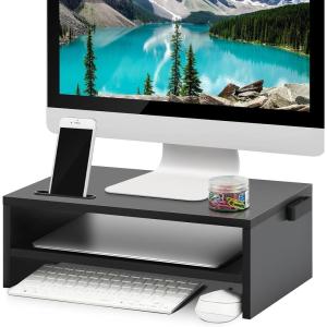 imageMarbrasse Monitor Stand Riser 165 Inch 2 Tier Computer Printer Shelf Stand for Laptop Computer Screen Storage Desktop Stand with Phone Holder and Cable Management BlackBlack