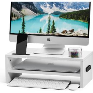 imageMarbrasse Monitor Stand Riser 165 Inch 2 Tier Computer Printer Shelf Stand for Laptop Computer Screen Storage Desktop Stand with Phone Holder and Cable Management BlackWhite