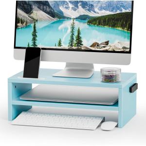 imageMarbrasse Monitor Stand Riser 165 Inch 2 Tier Computer Printer Shelf Stand for Laptop Computer Screen Storage Desktop Stand with Phone Holder and Cable Management BlackBlue
