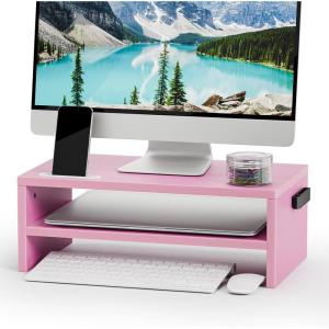 imageMarbrasse Monitor Stand Riser 165 Inch 2 Tier Computer Printer Shelf Stand for Laptop Computer Screen Storage Desktop Stand with Phone Holder and Cable Management BlackPink