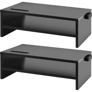 imageMarbrasse Monitor Stand Riser 165 Inch 2 Tier Computer Printer Shelf Stand for Laptop Computer Screen Storage Desktop Stand with Phone Holder and Cable Management Black2PCS Wood Monitor StandBlack