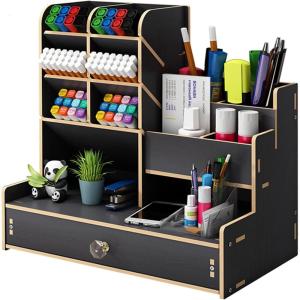 imageMarbrasse Upgraded Wooden Pencil Holder Pen Organizer for Desk Easy Assembly Art Supply Organizer Desktop Stationary Organizer CherryBlack