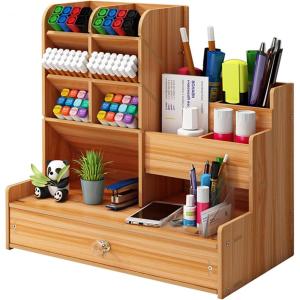 imageMarbrasse Upgraded Wooden Pencil Holder Pen Organizer for Desk Easy Assembly Art Supply Organizer Desktop Stationary Organizer CherryCherry