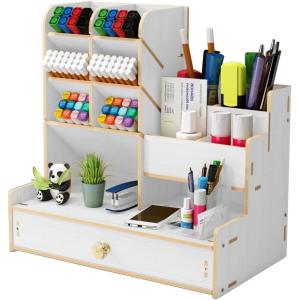 imageMarbrasse Upgraded Wooden Pencil Holder Pen Organizer for Desk Easy Assembly Art Supply Organizer Desktop Stationary Organizer CherryWhite