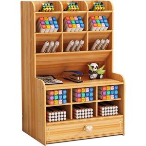 imageMarbrasse Wooden Desk Organizer MultiFunctional DIY Pen Holder Organizer for desk Desktop Stationary Easy Assembly Home Office Art Supplies Storage with Drawer B11Cherry ColorB16Cherry Color