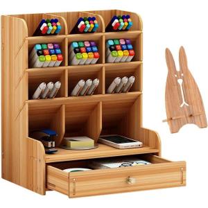 imageMarbrasse Wooden Desk Organizer MultiFunctional DIY Pen Holder Organizer for desk Desktop Stationary Easy Assembly Home Office Art Supplies Storage with Drawer B11Cherry ColorB11Cherry Color