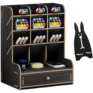imageMarbrasse Wooden Desk Organizer MultiFunctional DIY Pen Holder Organizer for desk Desktop Stationary Easy Assembly Home Office Art Supplies Storage with Drawer B11Cherry ColorB11Black