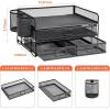 imageMarbrasse 3 Tier Mesh Desk Organizer with Drawer MultiFunctional Desk Organizers and Accessories Paper Letter Organizer with 2 Pen Holder for Home Office Supplies  BlackBlack
