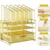 imageMarbrasse Desk Organizer with Drawer 4Tier Mesh Desk File Organizer with 5 Vertical File Holders and 2 Pen Holders Multifunction Desktop OrganizerGold