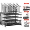 imageMarbrasse Desk Organizer with Drawer 4Tier Mesh Desk File Organizer with 5 Vertical File Holders and 2 Pen Holders Multifunction Desktop OrganizerMesh Vertical File Folder  01