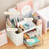imageMarbrasse Pen Organizer with 2 Drawer MultiFunctional Pencil Holder for Desk Desk Organizers and Accessories with 5 Compartments  Drawer for Office Art Supplies WhiteBeige
