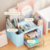 imageMarbrasse Pen Organizer with 2 Drawer MultiFunctional Pencil Holder for Desk Desk Organizers and Accessories with 5 Compartments  Drawer for Office Art Supplies WhiteBlue
