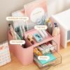 imageMarbrasse Pen Organizer with 2 Drawer MultiFunctional Pencil Holder for Desk Desk Organizers and Accessories with 5 Compartments  Drawer for Office Art Supplies WhitePink