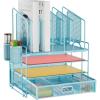 imageMarbrasse Desk Organizer with Drawer 4Tier Mesh Desk File Organizer with 5 Vertical File Holders and 2 Pen Holders Multifunction Desktop OrganizerBlue Vertical File Folder